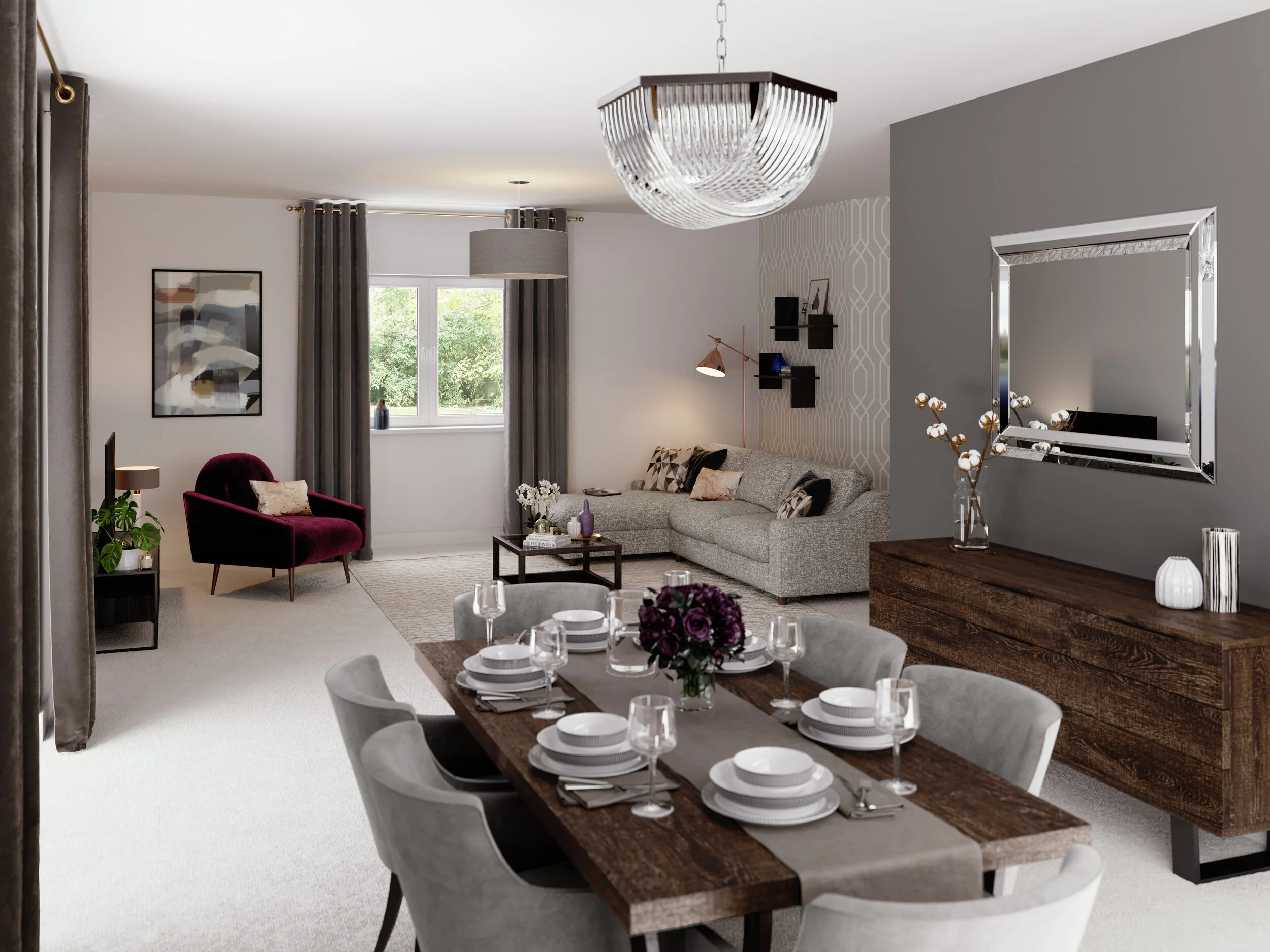 Living and dining interior at Rosambeve Court, Church Lane