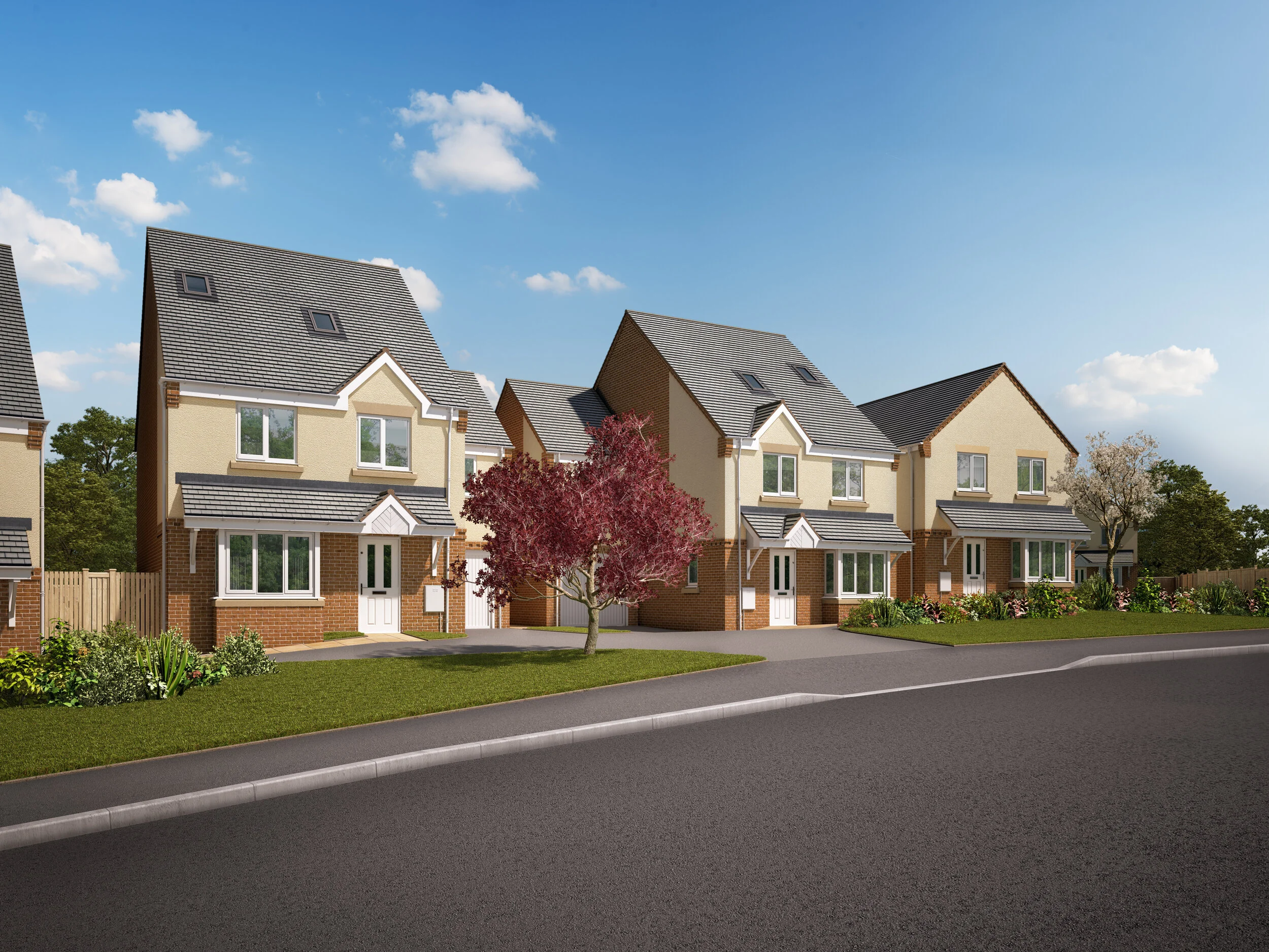 Exterior view of new-build family houses at Primrose Court, Groveley Lane, Longbridge