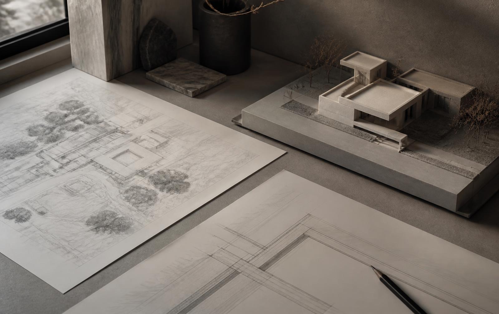 Architectural drawings and a scale model on a studio table